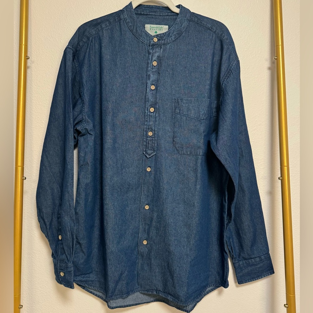 Emerald Isle Weaving Shirt Medium Blue Striped Traditional Irish Grandfather